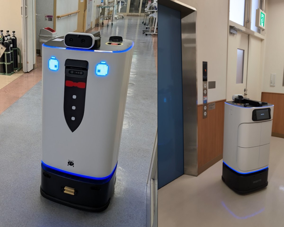院内を走行しエレベーターに乗る検体搬送ロボットGAEMI