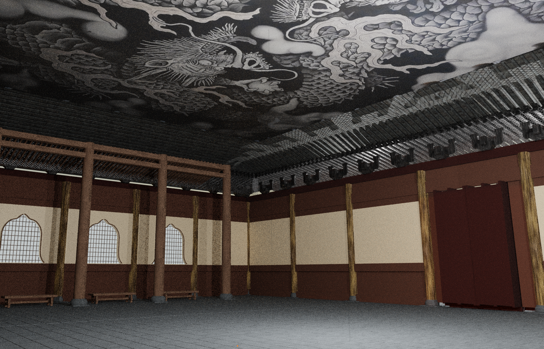バーチャル建仁寺の法堂内部。天井画「双龍図」と柱・壁面を再現した空間